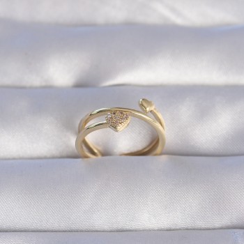 Pirinç Gold Renk Zirkon Taşlı Kalpli Model Ayarlanabilir Yüzük