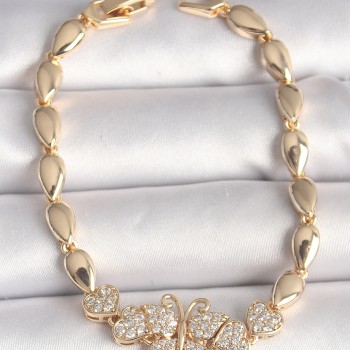 Pirinç Gold Renk Zirkon Taşlı Kelebek Figür Damla Zincir Model Kadın Bileklik