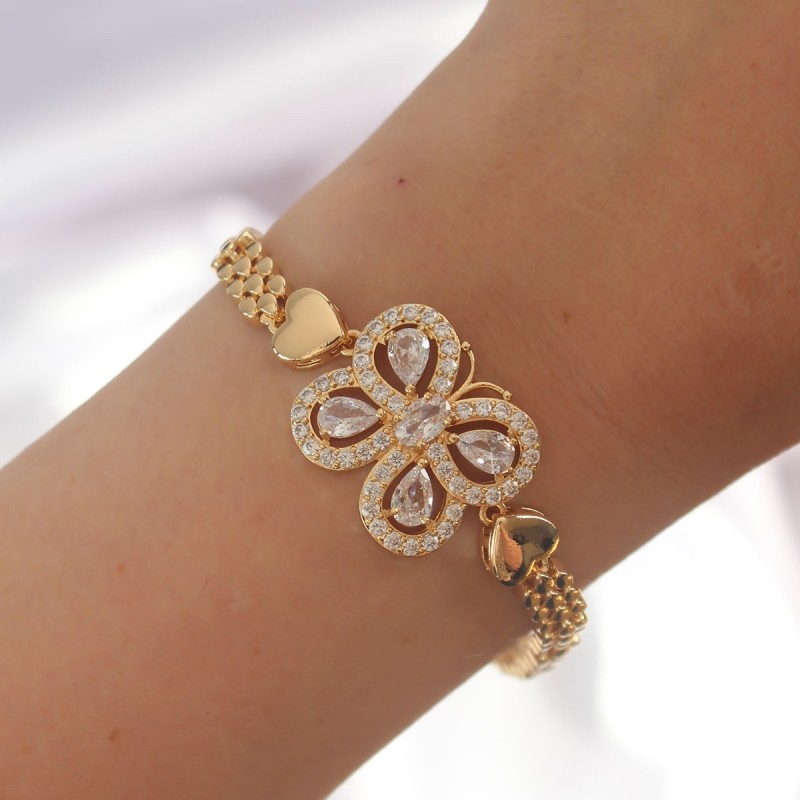 Pirinç Gold Renk Zirkon Taşlı Kelebek Figürlü Parçalı Model Bileklik