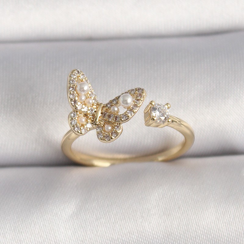 Pirinç Gold Renk Zirkon Taşlı Kelebek Model İnci Detay Ayarlanabilir Yüzük