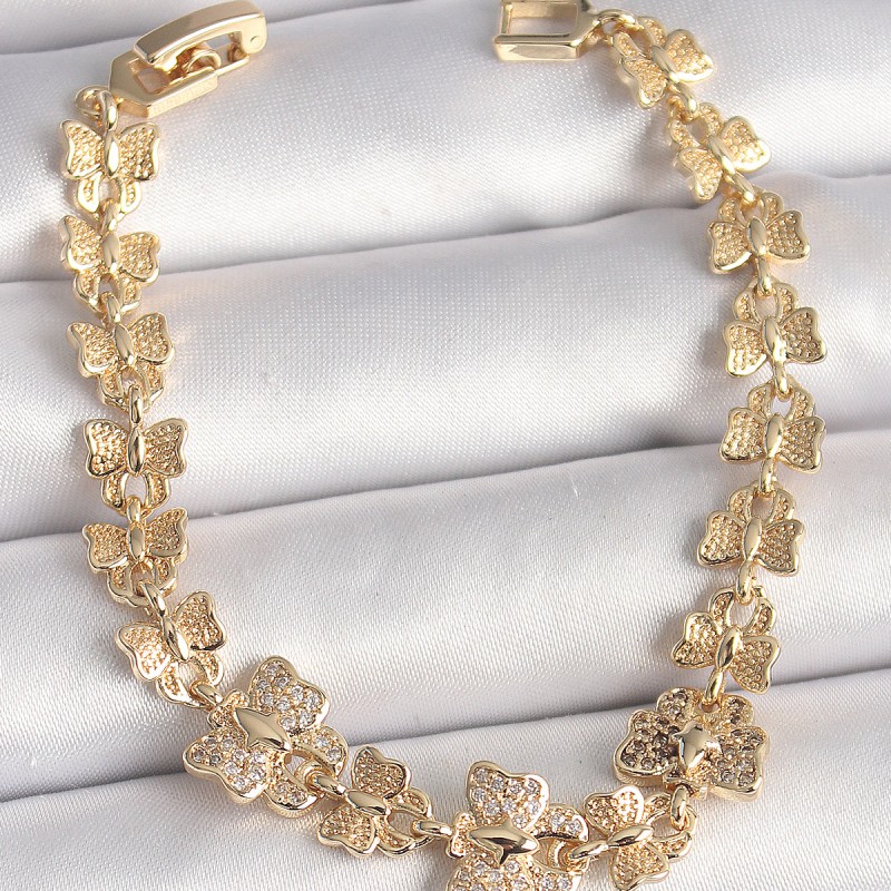 Pirinç Gold Renk Zirkon Taşlı Kelebek Model Zincir Kadın Bileklik