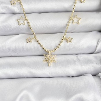 Pirinç Gold Renk Zirkon Taşlı Kutup Yıldızı Model Kadın Kolye