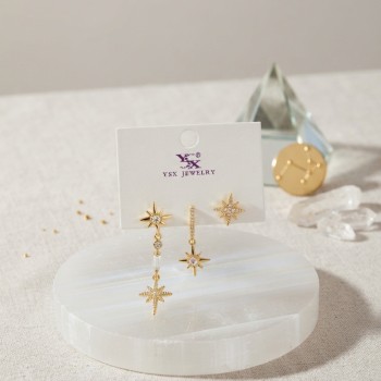 Pirinç Gold Renk Zirkon Taşlı Kutup Yıldızı Model Kadın Küpe Seti