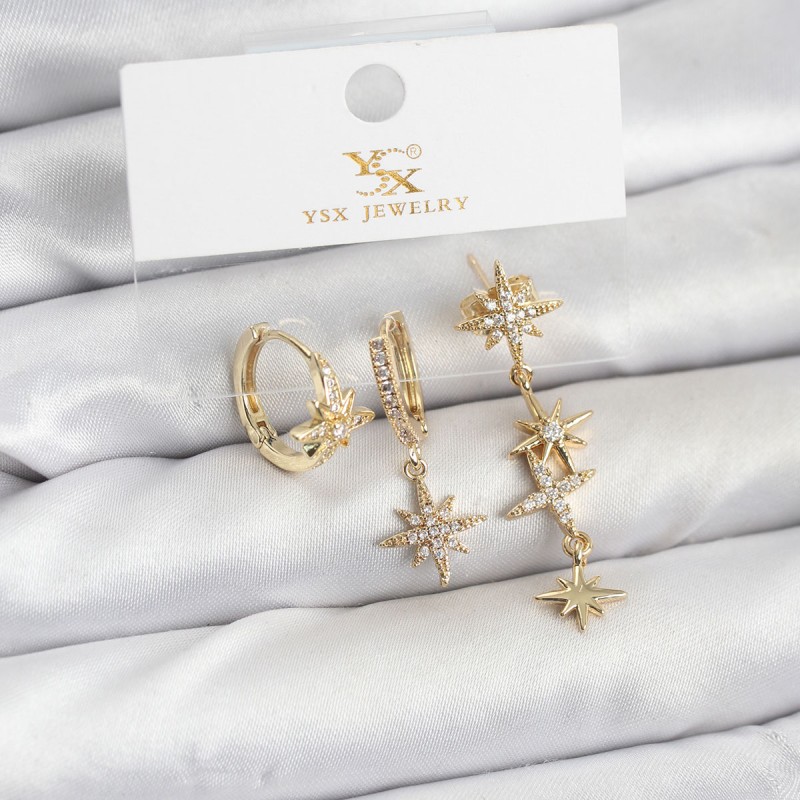 Pirinç Gold Renk Zirkon Taşlı Kutup Yıldızı Model YSX Trio Küpe Seti