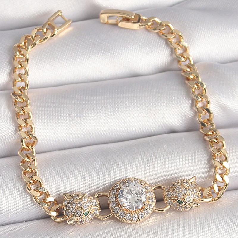 Pirinç Gold Renk Zirkon Taşlı Leopar Figür Zincir Model Kadın Bileklik