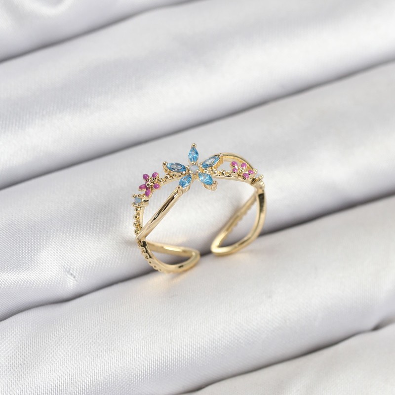 Pirinç Gold Renk Zirkon Taşlı Mavi Çiçekli Kadın Yüzük