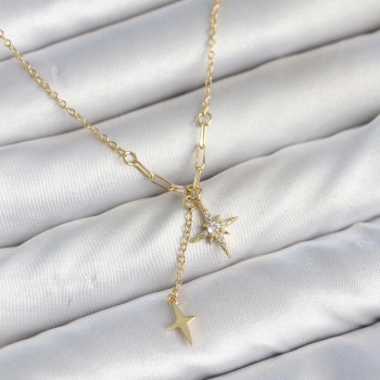 Pirinç Gold Renk Zirkon Taşlı Minimal Sallantılı Kutup Yıldızı Model Kadın Kolye