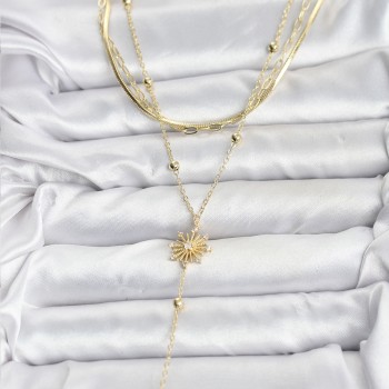 Pirinç Gold Renk Zirkon Taşlı Model Detaylı 3'lü Kombin Y Kadın Kolye