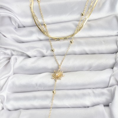 Pirinç Gold Renk Zirkon Taşlı Model Detaylı 3'lü Kombin Y Kadın Kolye