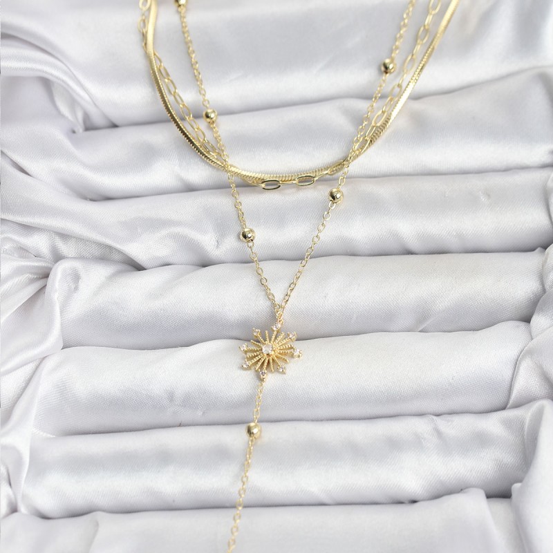 Pirinç Gold Renk Zirkon Taşlı Model Detaylı 3'lü Kombin Y Kadın Kolye