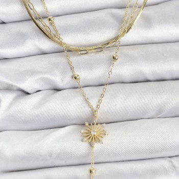 Pirinç Gold Renk Zirkon Taşlı Model Detaylı 3'lü Kombin Y Kadın Kolye