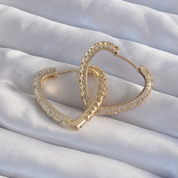 Pirinç Gold Renk Zirkon Taşlı Motifli Kalp Küpe