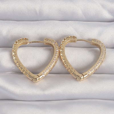 Pirinç Gold Renk Zirkon Taşlı Motifli Kalp Küpe