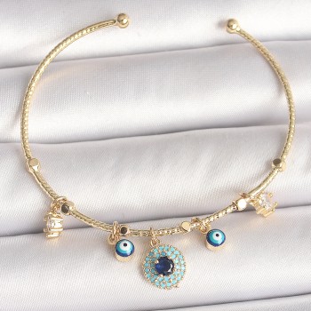 Pirinç Gold Renk Zirkon Taşlı Nazar Boncuk Detay Charm Kadın Bileklik
