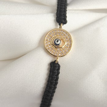 Pirinç Gold Renk Zirkon Taşlı Nazar Boncuk İşleme Makrome Asansörlü Model Kadın Bileklik