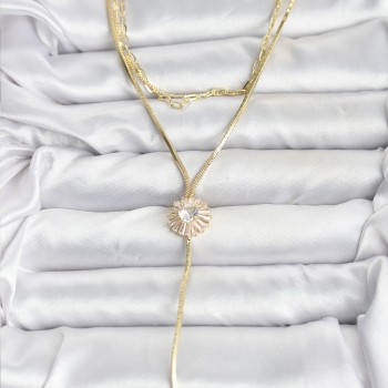 Pirinç Gold Renk Zirkon Taşlı Papatya Model Detaylı 3'lü Kombin Y Kadın Kolye