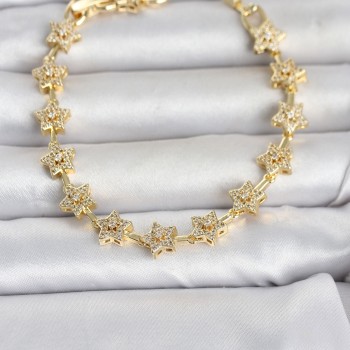 Pirinç Gold Renk Zirkon Taşlı Sıralı Yıldız Model Kadın Bileklik