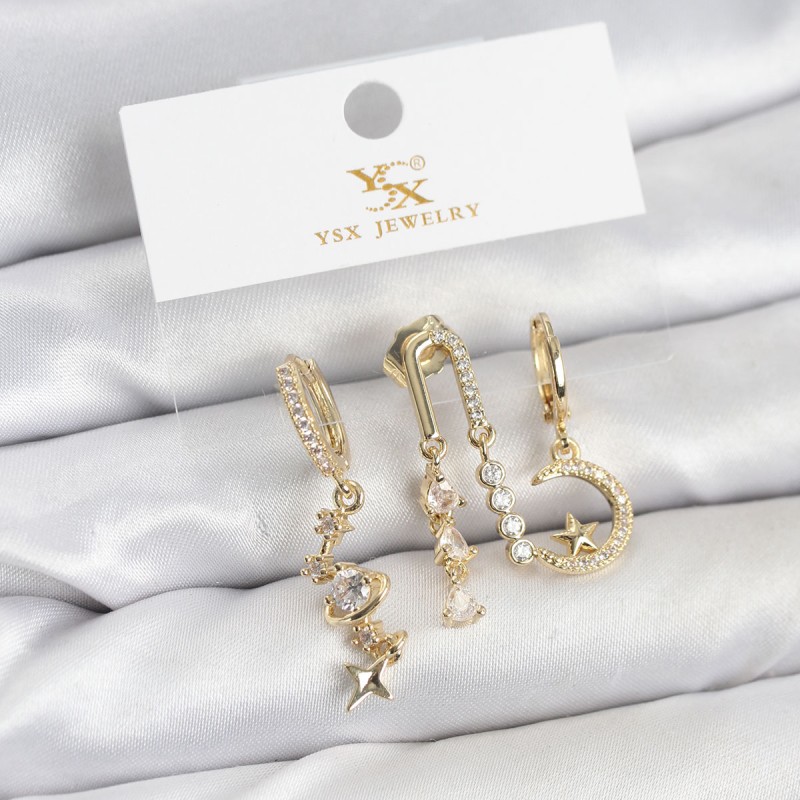 Pirinç Gold Renk Zirkon Taşlı Uzay Model YSX Trio Küpe Seti