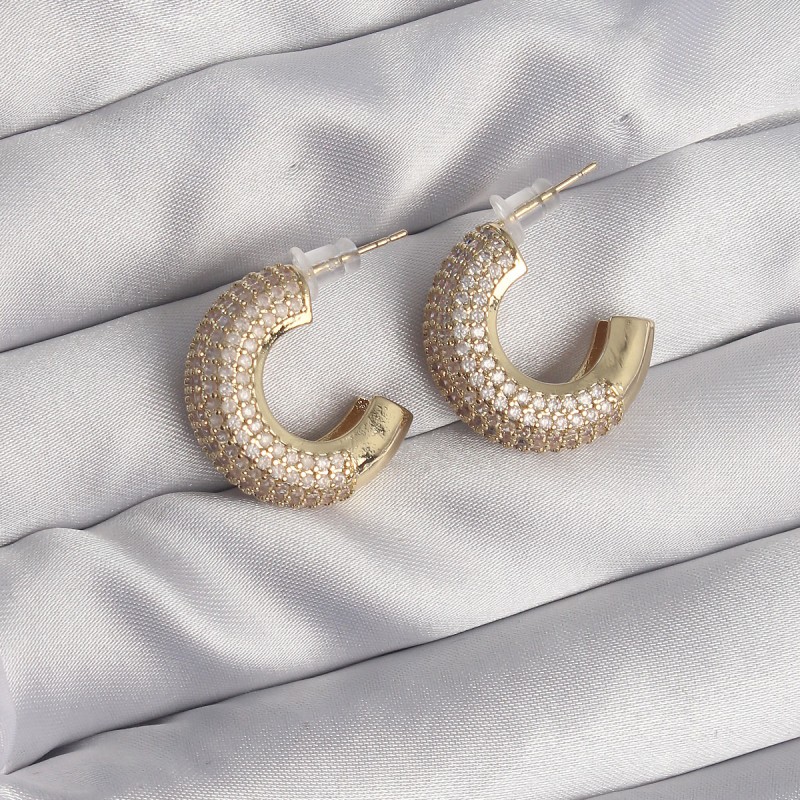 Pirinç Gold Renk Zirkon Taşlı Yarım Halka Küpe