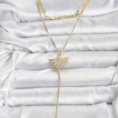 Pirinç Gold Renk Zirkon Taşlı Yelpaze Model Detaylı 3'lü Kombin Y Kadın Kolye