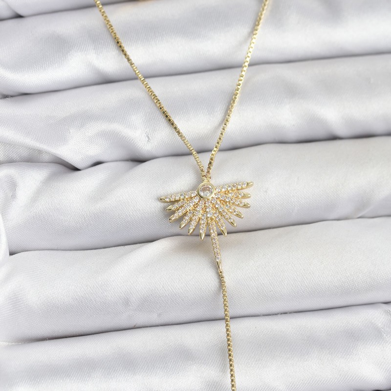 Pirinç Gold Renk Zirkon Taşlı Yelpaze Model Detaylı 3'lü Kombin Y Kadın Kolye