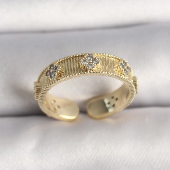 Pirinç Gold Renk Zirkon Taşlı Yonca İşlemeli Ayarlanabilir Yüzük