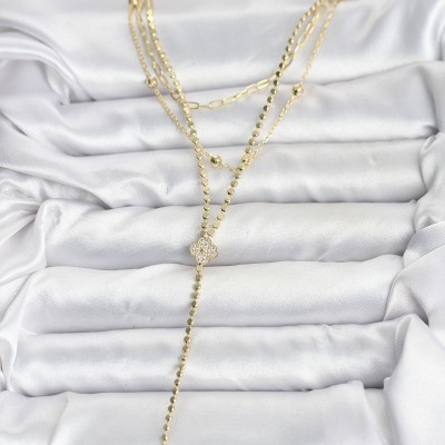 Pirinç Gold Renk Zirkon Taşlı Yonca Model Detaylı 3'lü Kombin Y Kadın Kolye