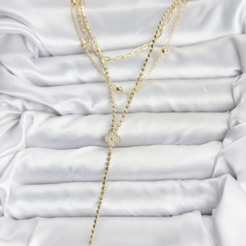 Pirinç Gold Renk Zirkon Taşlı Yonca Model Detaylı 3'lü Kombin Y Kadın Kolye