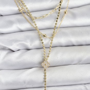 Pirinç Gold Renk Zirkon Taşlı Yonca Model Detaylı 3'lü Kombin Y Kadın Kolye