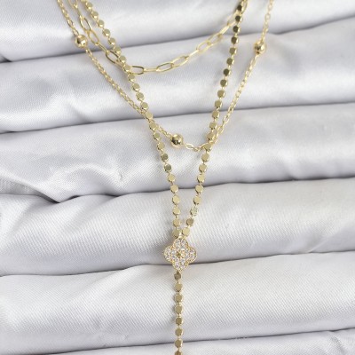 Pirinç Gold Renk Zirkon Taşlı Yonca Model Detaylı 3'lü Kombin Y Kadın Kolye