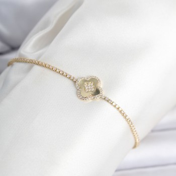 Pirinç Gold Renk Zirkon Taşlı Yonca Model Su Yolu Kadın Bileklik