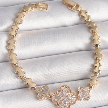 Pirinç Gold Renk Zirkon Taşlı Yonca Model Zincir Kadın Bileklik