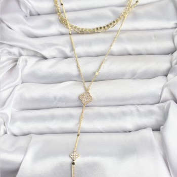 Pirinç Gold Renk Zirkon Taşlı Yoncalı Model Detaylı 3'lü Kombin Y Kadın Kolye