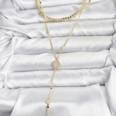 Pirinç Gold Renk Zirkon Taşlı Yoncalı Model Detaylı 3'lü Kombin Y Kadın Kolye