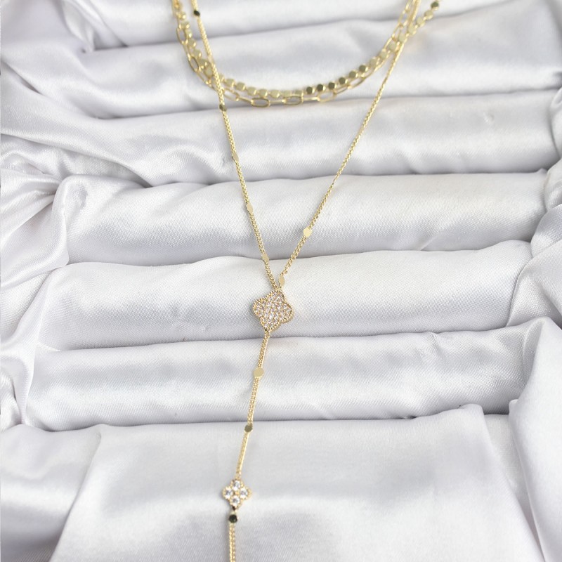 Pirinç Gold Renk Zirkon Taşlı Yoncalı Model Detaylı 3'lü Kombin Y Kadın Kolye