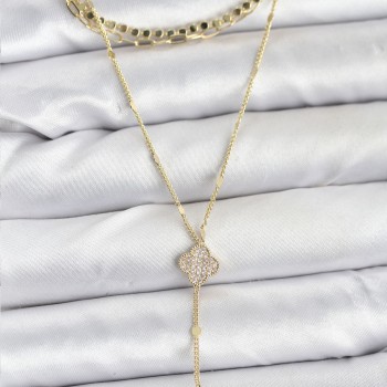 Pirinç Gold Renk Zirkon Taşlı Yoncalı Model Detaylı 3'lü Kombin Y Kadın Kolye