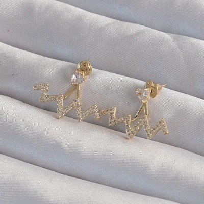 Pirinç Gold Renk Zirkon Taşlı Zikzak Küpe