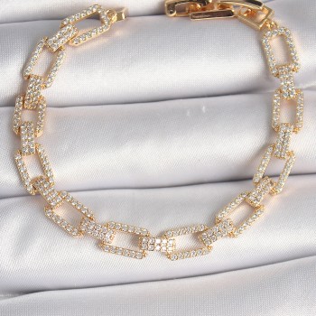 Pirinç Gold Renk Zirkon Taşlı Zincir Model VIP Seri Kadın Bileklik