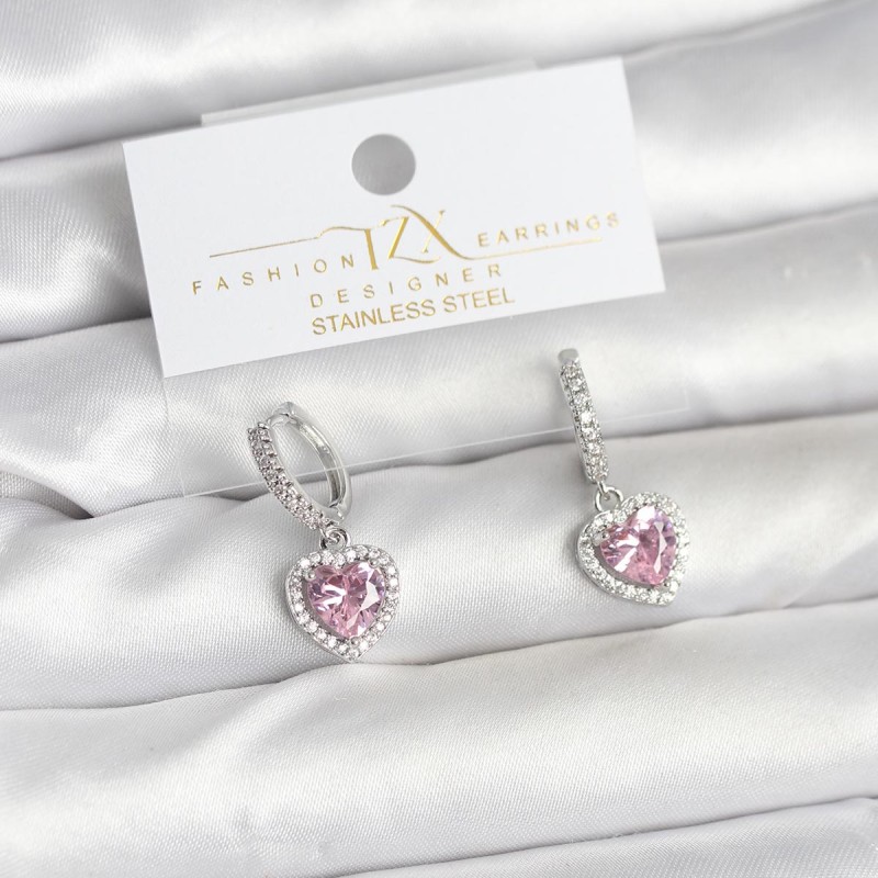 Pirinç Gümüş Pembe Renk Zirkon Taşlı Kalp Model Kadın Küpe