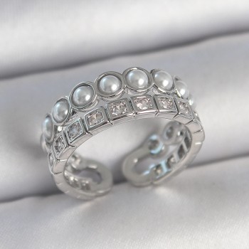 Pirinç Gümüş Renk 2'Li Sıra Zirkon Taşlı Ve İncili Ayarlanabilir Kadın Yüzük