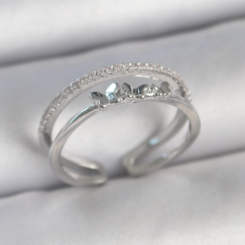 Pirinç Gümüş Renk 2'Li Zirkon Taş Detaylı Kelebek Figür Ayarlanabilir Model Kadın Yüzük