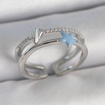 Pirinç Gümüş Renk 2'Li Zirkon Taşlı Mavi Yıldız Figür Ayarlanabilir Kadın Yüzük