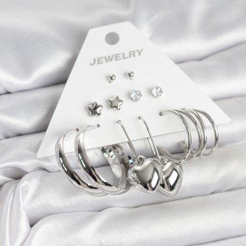 Pirinç Gümüş Renk 6 Çift Kadın Küpe Seti