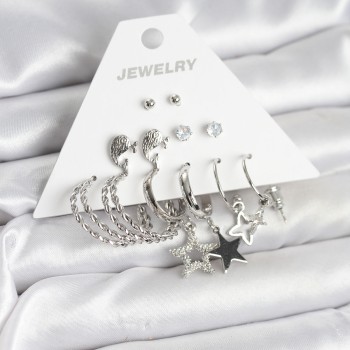 Pirinç Gümüş Renk 6'lı Kadın Küpe Seti