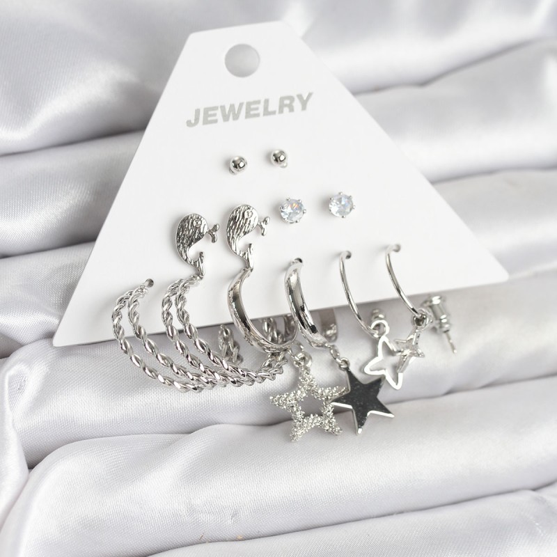 Pirinç Gümüş Renk 6'lı Kadın Küpe Seti