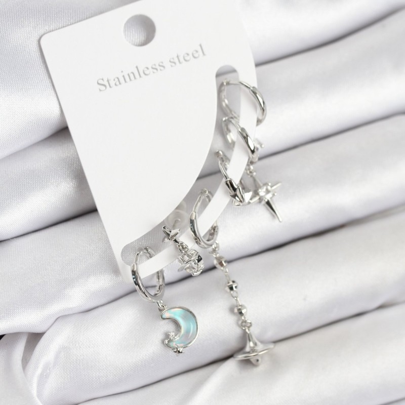 Pirinç Gümüş Renk Ay Model Kadın Set Küpe