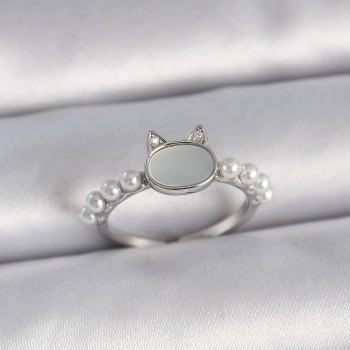 Pirinç Gümüş Renk Ayarlanabilir Beyaz Mineli Kedi Model İnci Detay Kadın Yüzük
