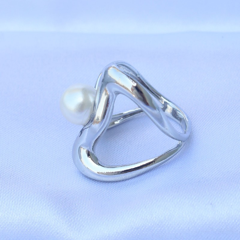 Pirinç Gümüş Renk Ayarlanabilir İnci Taşlı Yüzük