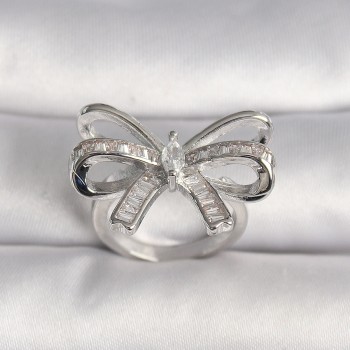 Pirinç Gümüş Renk Ayarlanabilir Zirkon Taşlı Kurdele Model Kadın Yüzük