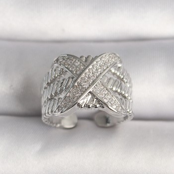 Pirinç Gümüş Renk Ayarlanabilir Zirkon Taşlı X Model Kadın Yüzük